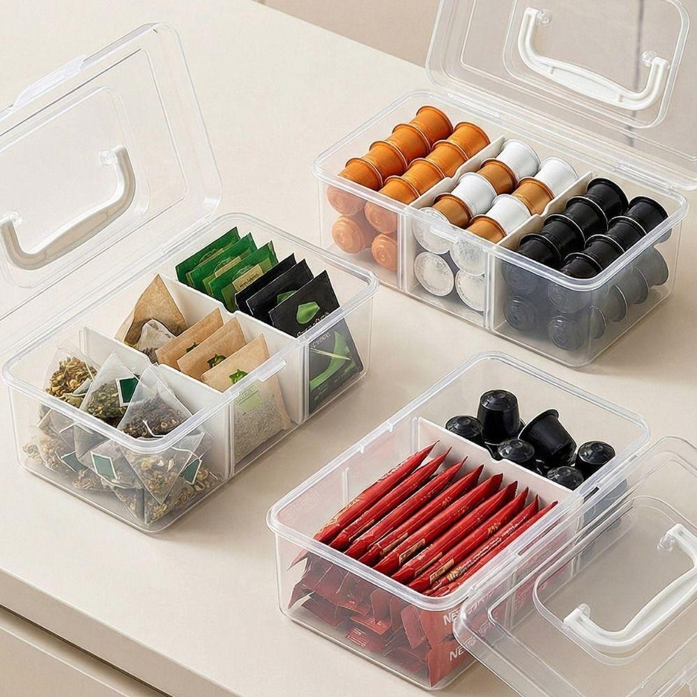 Plastic Tea Bag Storage Box Large Capacity Sealed Sugar Packet Storage Box with Removable Dividers Dust-proof Tea Bag Holder