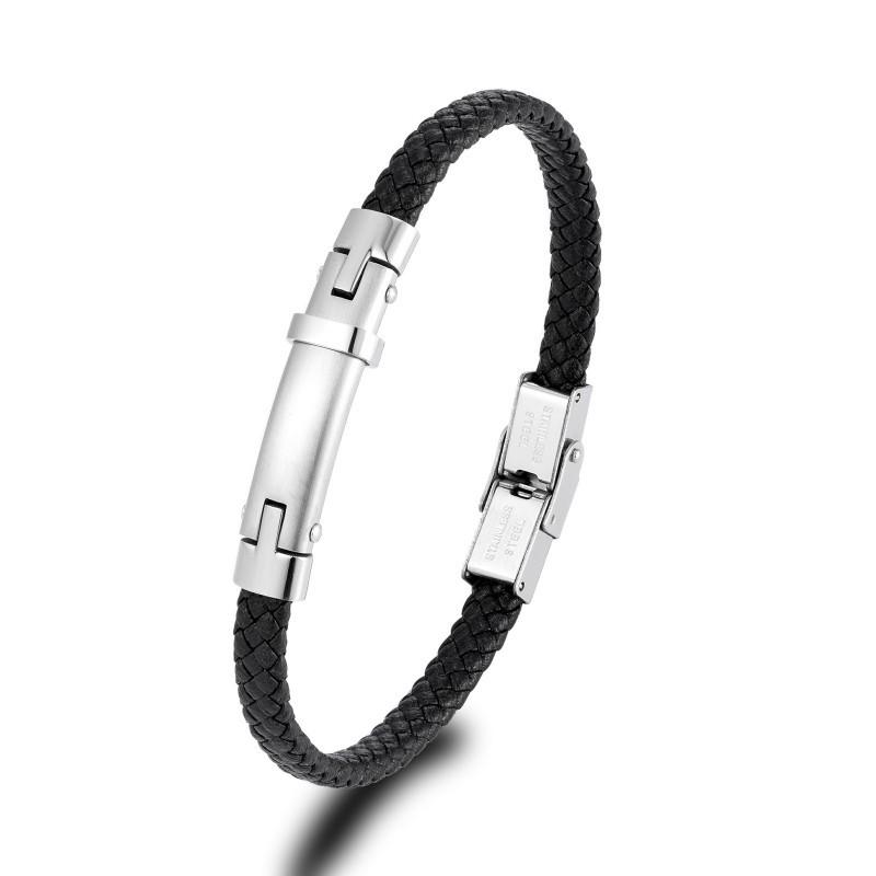 Trendy Cool Black Leather Rope Woven Bracelet Steel Contrasting Color Simple Personalized Versatile Internet Famous Niche Accessory