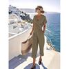 Damen 2-teilige Outfits V-Ausschnitt Kurzarm Raffung Oberteil und Cropped Hosen Set Sommer Lässig Loungewear Sets