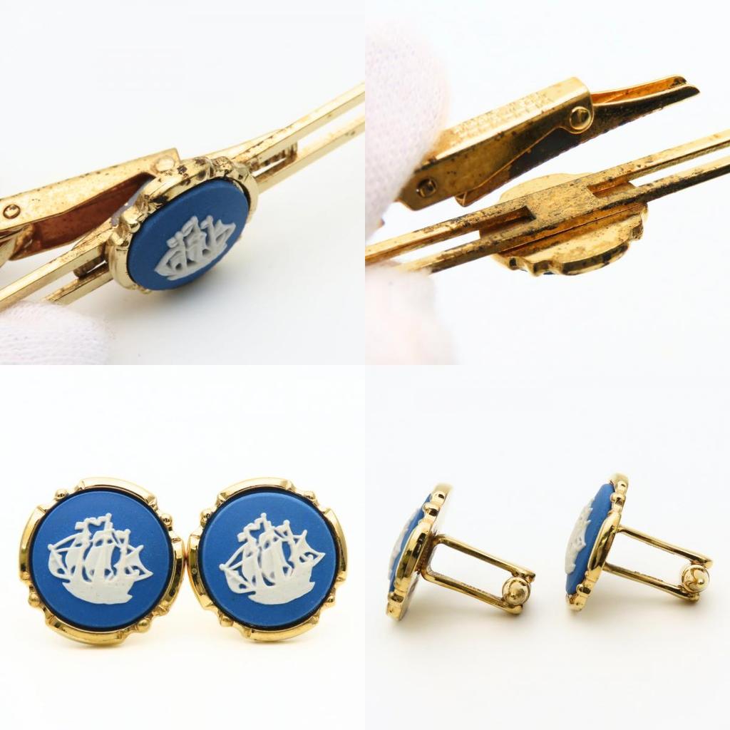 Used Wedgwood cuffs Tie pin set metal gold blue plating