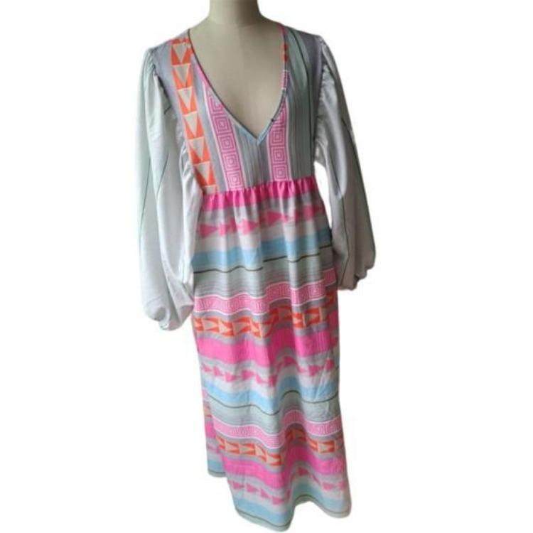 Bohemian Spring Summer Women Casual Dress Geometric Print Maxi Dress with V Neck Lantern Sleeves Loose Female Clothes