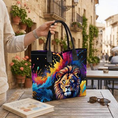 Colorful Lion Print Tote Bag Stylish Casual Large Capacity Shoulder Handbag for Daily Use