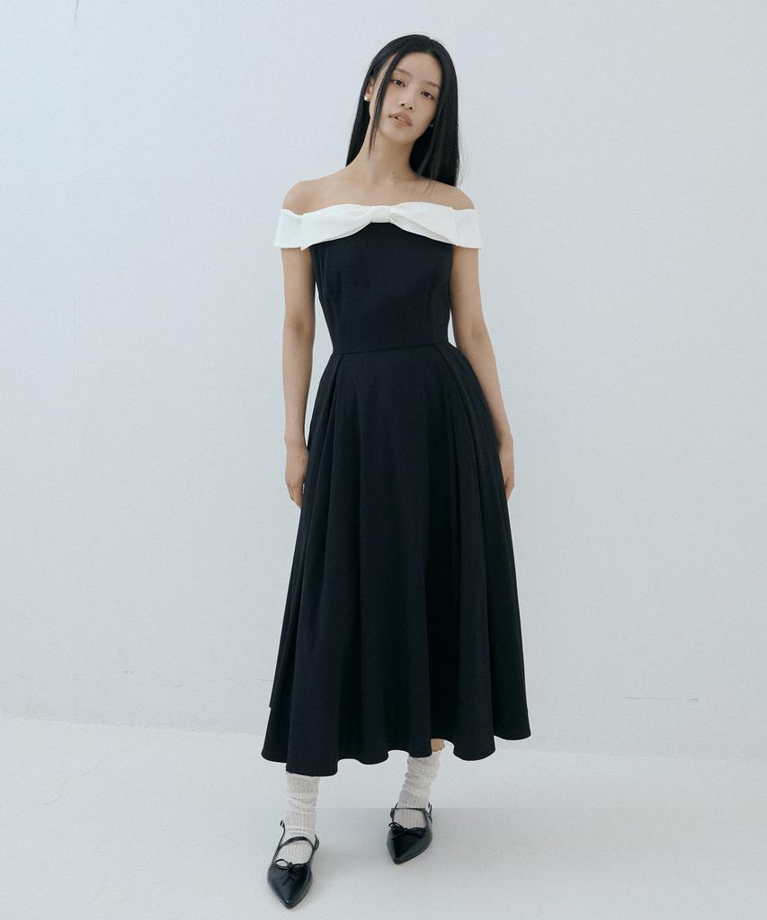 Lucirju Ribbon Trim Off-Shoulder Dress (Black)