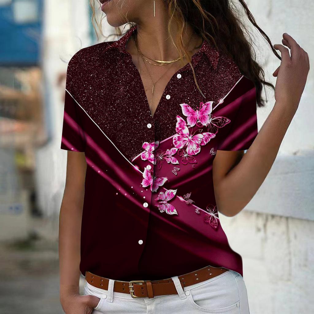2025 Sommer Neue Mode Damen Schmetterling Bedruckt Kurzarm V-Ausschnitt Lässig Knopfleiste Hemd Top