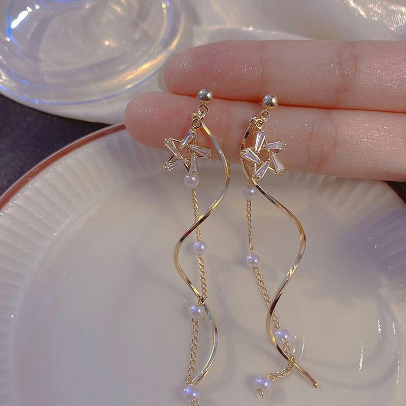 1Pair  Long  Earrings Temperament Star Imitation Pearl Long Tassel Drop Earrings For Women  Wedding Jewelry Gift