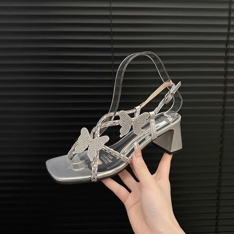 2024 New Solid Color Versatile Summer Retro Women's Shoes Luxury Sandals Women's High Heels Fashion New Low Rhinestones