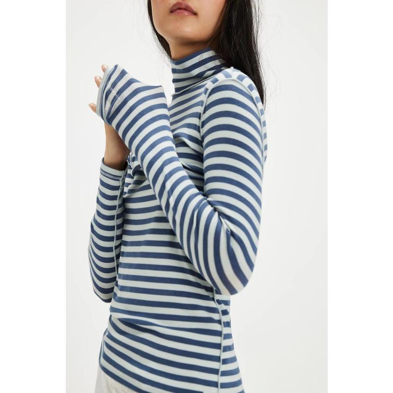 Women S Striped Print Half High Neck Fitted Long Sleeve T Shirt Base Layer Top