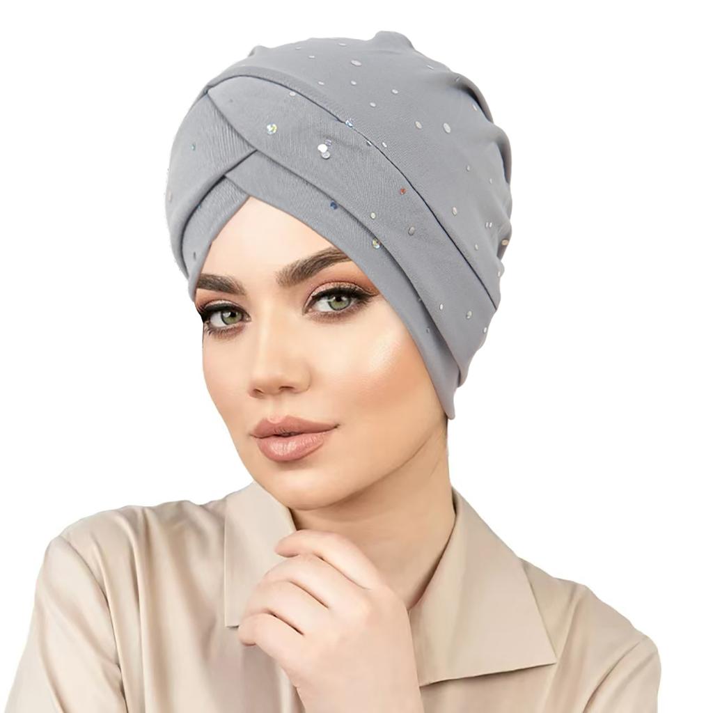2025 New Fashion Forehead Cross Hijab Caps Hot Diamond Solid Color Turban Bonnet Muslim Ladies Head Cover