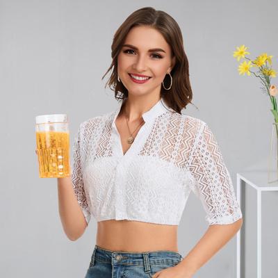 Women Lace Short Shirt Stand Collar Button Front Vintage Style Tops See-through Lace Oktoberfest Clothing