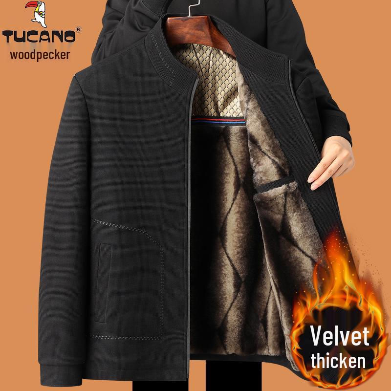 Woodpecker Dad Winter Fleece-Lined Wool Coat for Middle-Aged and Elderly Men, Warm and Thickened, Sizes for 50s to 60s.