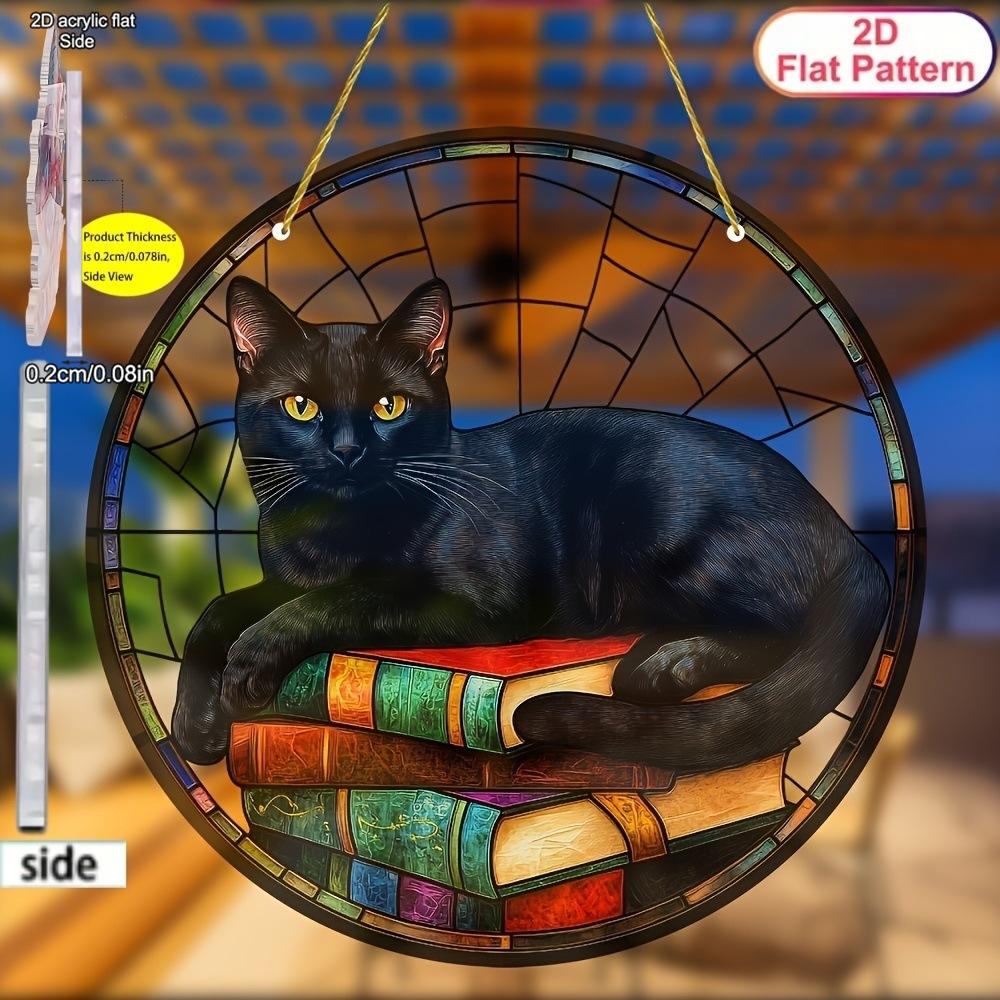 Noble Cat Black Cat Suncatcher, Acrylic Round Sign Translucent Window Hanging, Four Seasons Decoration, Novelty Home Decor