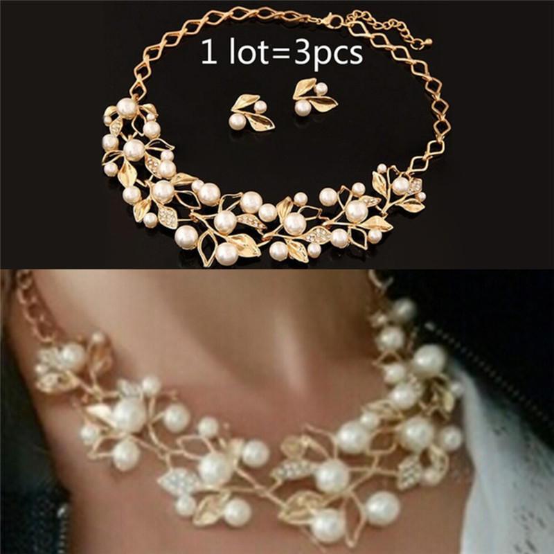 Pearls  Tree Leaves Necklace Earring  Elegant Ladies Luxury Jewelry Set