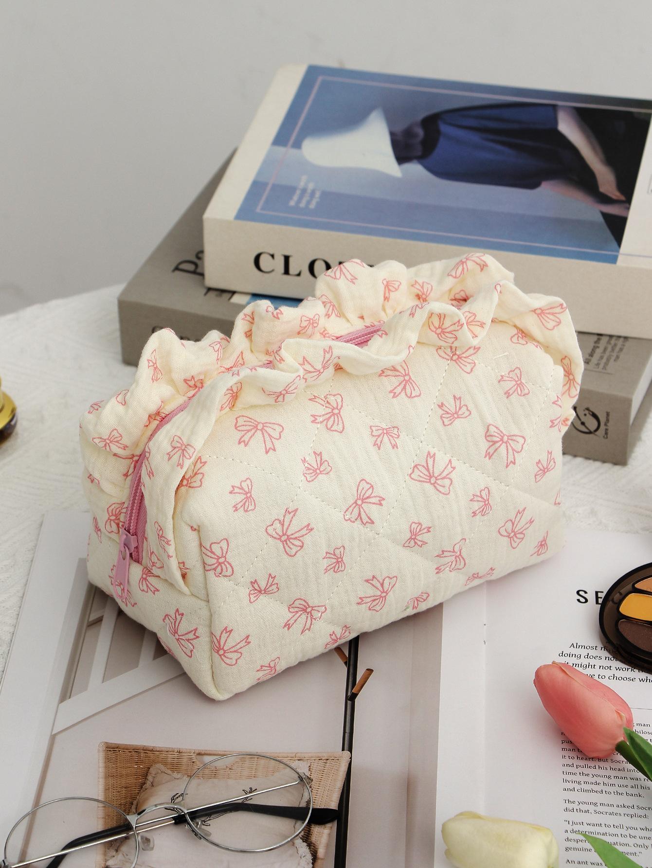 

Cute Lace Bow Women s Makeup Bag Large Capacity Travel Cosmetics Storage Pouch Large Capacity Square Zipper Quilting Bag