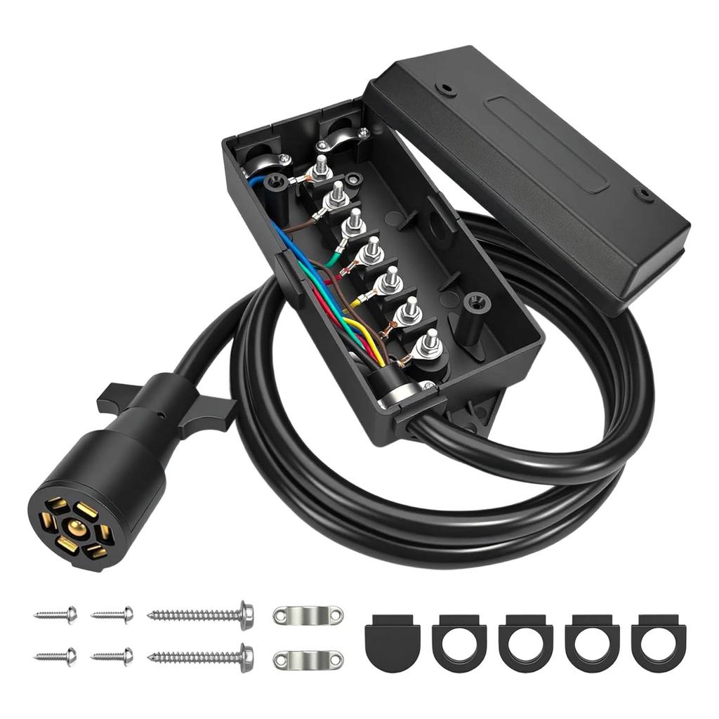 Universal 7 Blade Trailer Wiring Kit with Junction Box 7 Wire Trailer Light Harness Suitable for Various Towing Needs