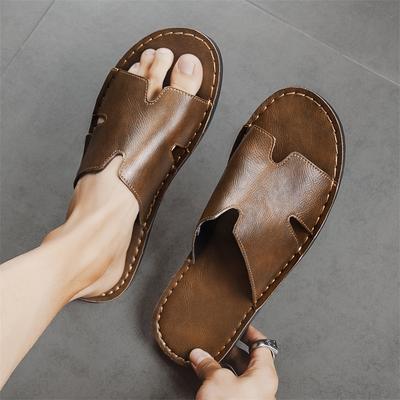 Zapatillas de Hombre Hechas a Mano Simples Planas Sandalias Exterior Verano Marrón Negro Zapatillas de Diapositiva Punta Abierta Zapatos de Playa Talla Grande