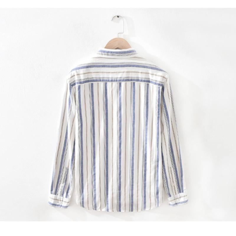 Spring and Summer Cotton Linen Men Tops Japanese Style Square Stripes Long Sleeve Shirt Youth Breathable Shirts for Men