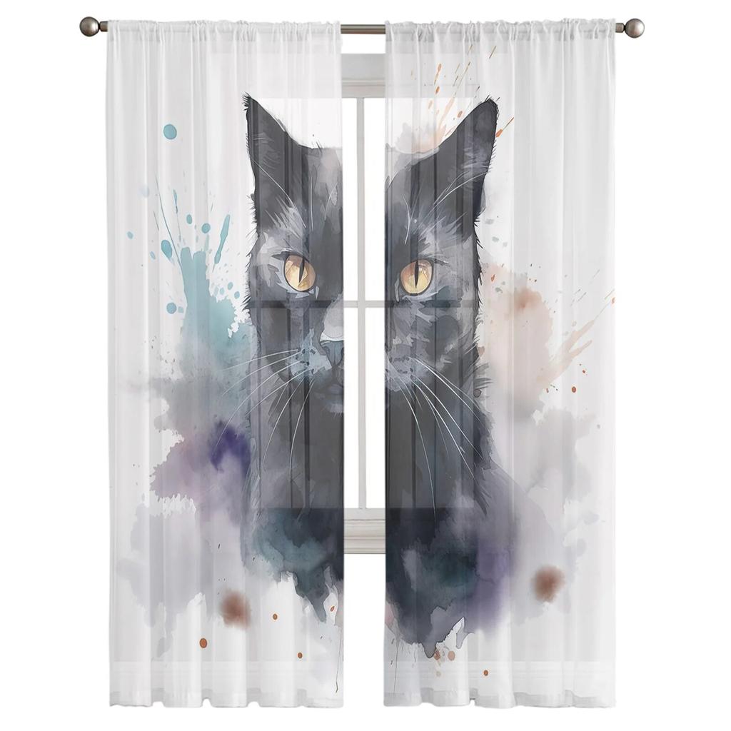 Transparente Vorhänge mit Tierkatzen-Aquarellmuster für Wohnzimmer, Schlafzimmer, Tüll-Vorhang für die Küche, Voile-Vorhang, Blindpaneele