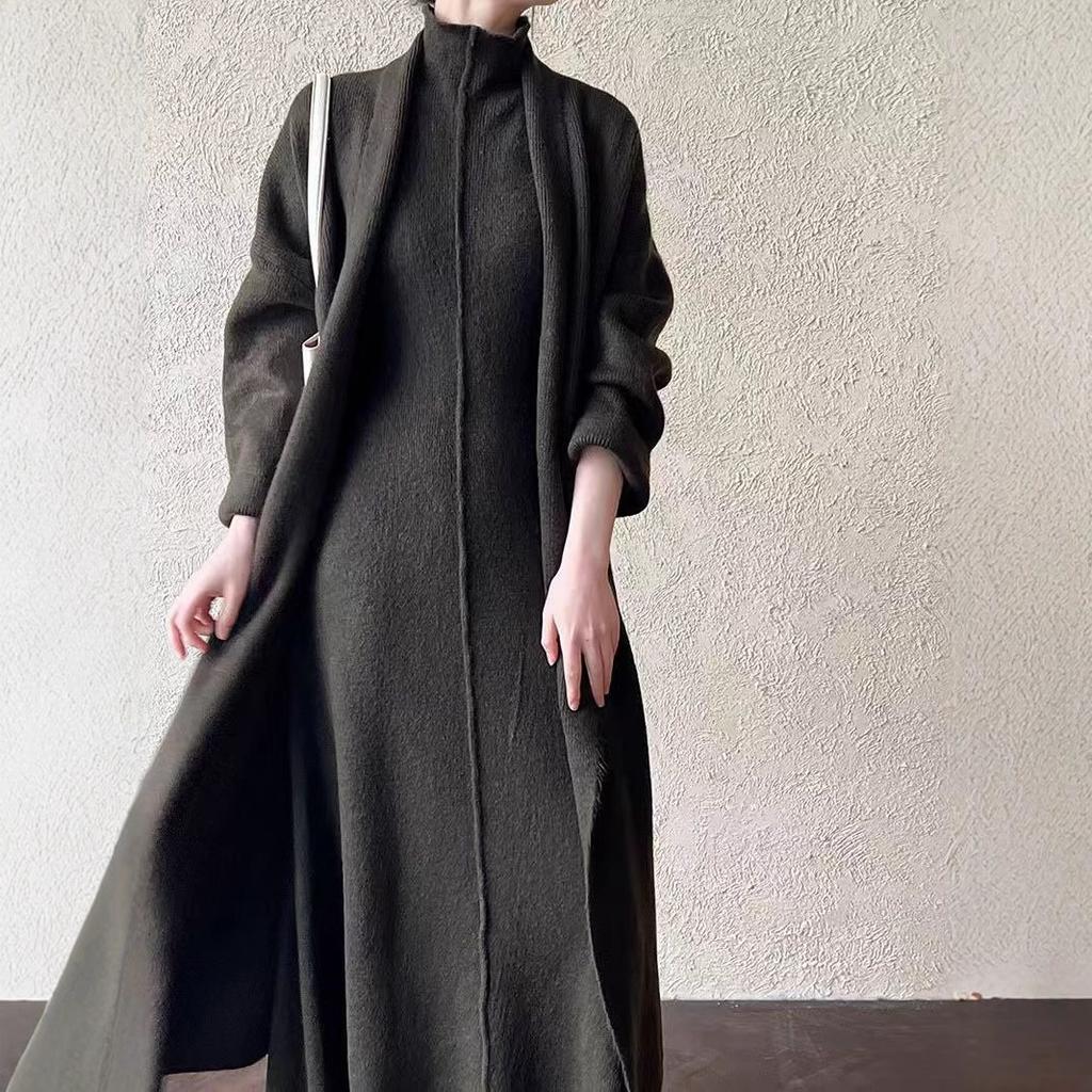 Fashion Knitted Cardigan Turtleneck Vest Dress Women's Two-piece Set Autumn and Winter Long Sweater Casual Suit