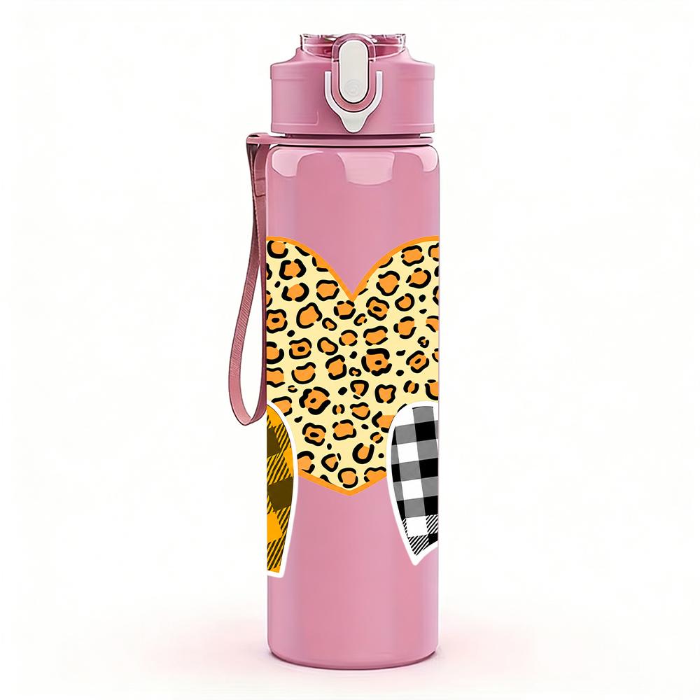 1PC Leopard Buffalo Plaid Heart Combo 750ml Color Plastic Sports Water Bottle Leakproof Flip Straw Lid Suitable for Sports Office Home Use