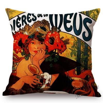 Vintage European Art Nouveau Mucha Gallery Decorative Sofa Pillow Cover Beautiful Beauty Girl Cotton Linen Luxury Cushion Cover