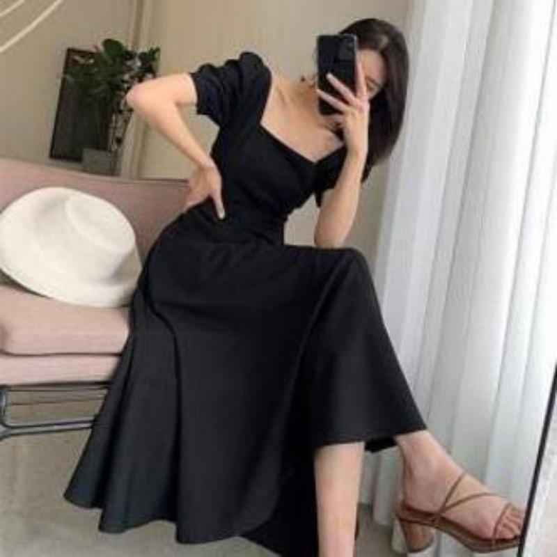 Summer Short Sleeve Square Neck Elegant Women Dress Fashion Loose Slim Fit Casual Office A-line Party Dresses Female Simple Solid Color Woman Clothing