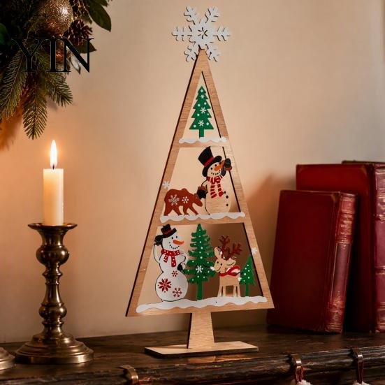 Desktop Christmas Ornament Wooden Tabletop Tree Decor, Hollow Xmas Ornament, Farmhouse Winter Holiday Accents Centerpiece for Party Home Decoration,