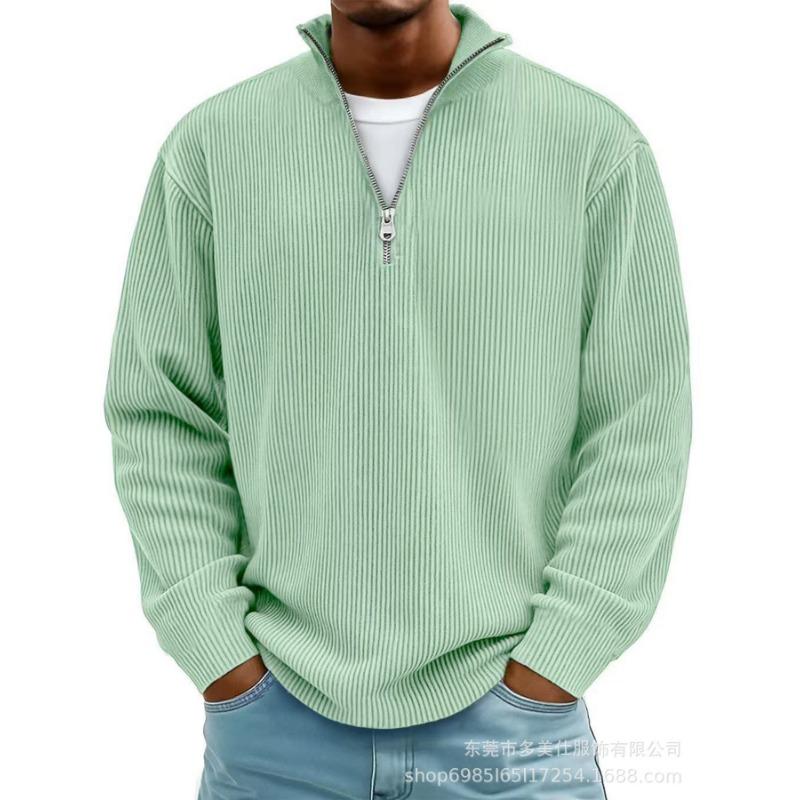 Fall Winter Men's Ribbed Knit Quarter Zip Pullover Long Sleeve Stand Collar Casual Sweatshirt