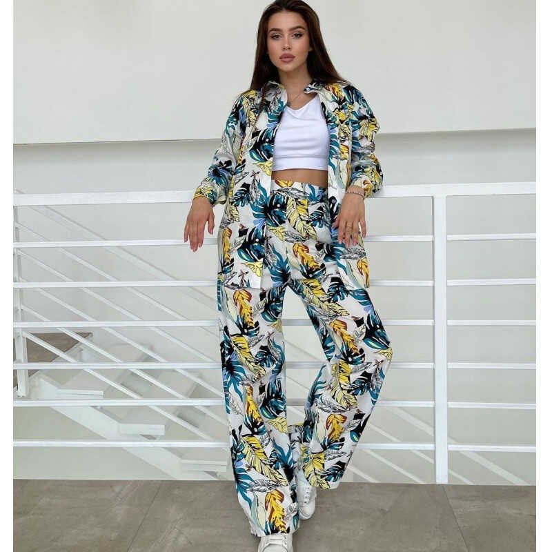 

Long Sleeves Loose Shirt + Baggy Pants Women Twopiece Set Yellow Blue S