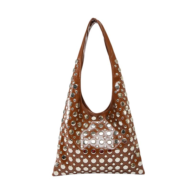 Women Polka Dot Rivet Bag Large Capacity PU Leather Fashion Shoulder Bag Punk Rivet Tote Bag Ladies Travel Bag