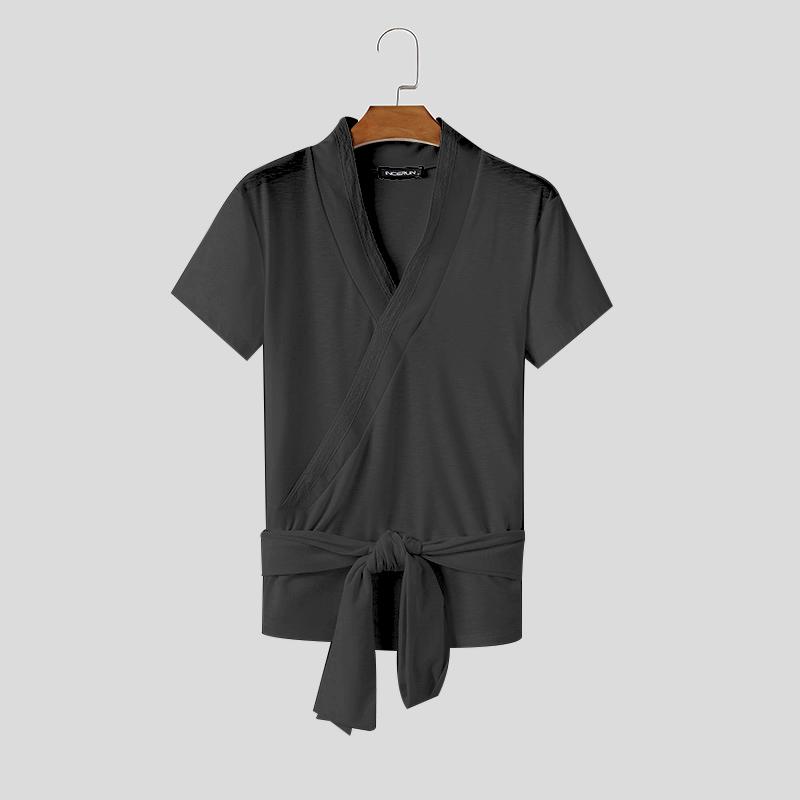 

INCERUN Summer Men V Neck Short Sleeve Bandage Semi-Sheer T-shirts Tops 3XL чёрный