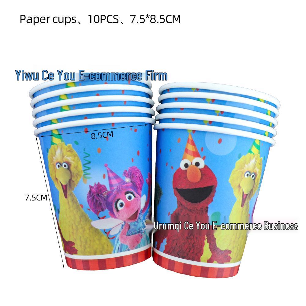 Sesame Street Birthday Party Tableware Set: Disposable Plates, Cups, and Cute Balloons for Kids' Celebrations.