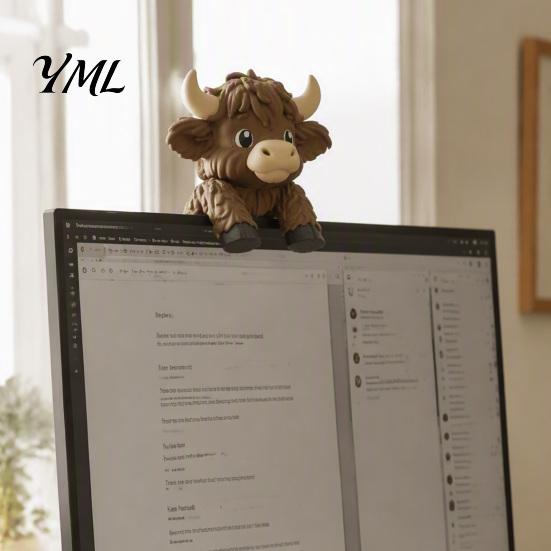 Einzigartiges Büro-Arbeitsplatz-Gadget Niedliche Hochlandkuh Monitor-Sitzer Dekoration, 3D-gedruckte Figur, Lustiger Computerbildschirm-Topper Schreibtisch-Ornament