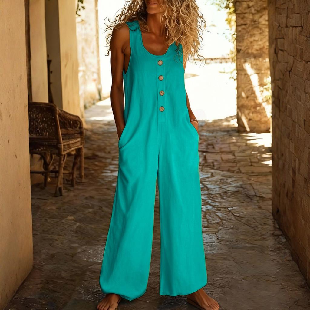 Casual Sleeveless Loose-fitting Jumpsuit With Pockets And Adjustable Straps For Women (long Length).