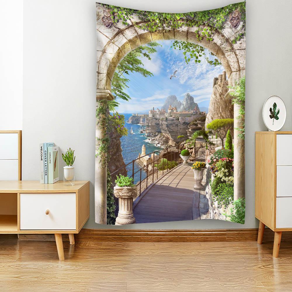 Home Decoration Tapestry Wall-Mounted Retro Landscape Printed Fabric Background Cloth Bohemian Aesthetic Room Decoration
