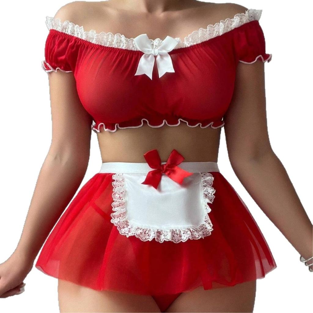 Sexy Lace Shoulder Maid Dress Seduction Cosplay Uniform Sexy Lingerie Set