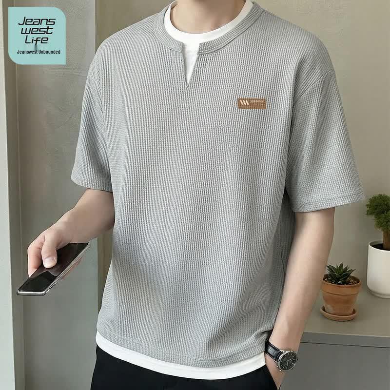 JEANSWEST LIFE Men s Faux Two-Piece Waffle Texture T-Shirt M