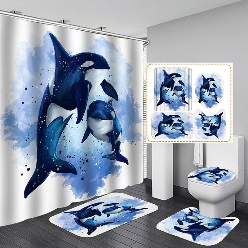 Dolphin 3D Digital Printing Shower Curtain Shower Curtain Dolphin Non-Slip Mat Four-Piece Set
