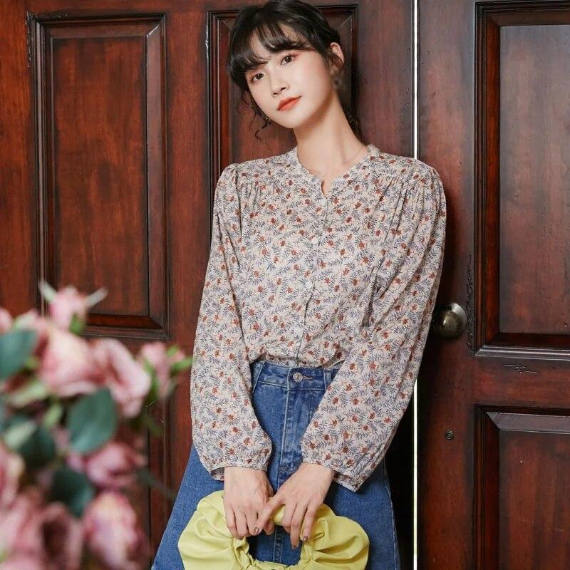 

Женские однобортные свободные шифоновые блузки с длинным рукавом и цветочным принтом с круглым вырезом для отдыха