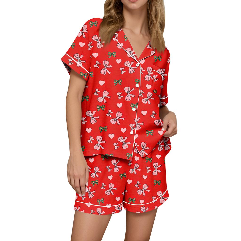 Damen Casual Mode Weihnachts-Print Kurzärmeliges Hausanzug-Set mit Knopfleiste, Kurzarm-T-Shirt und Shorts