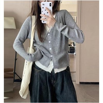 Women's Autumn and Winter Solid Colour V-Neck Knitted Cardigan Clashing Colour Sweater