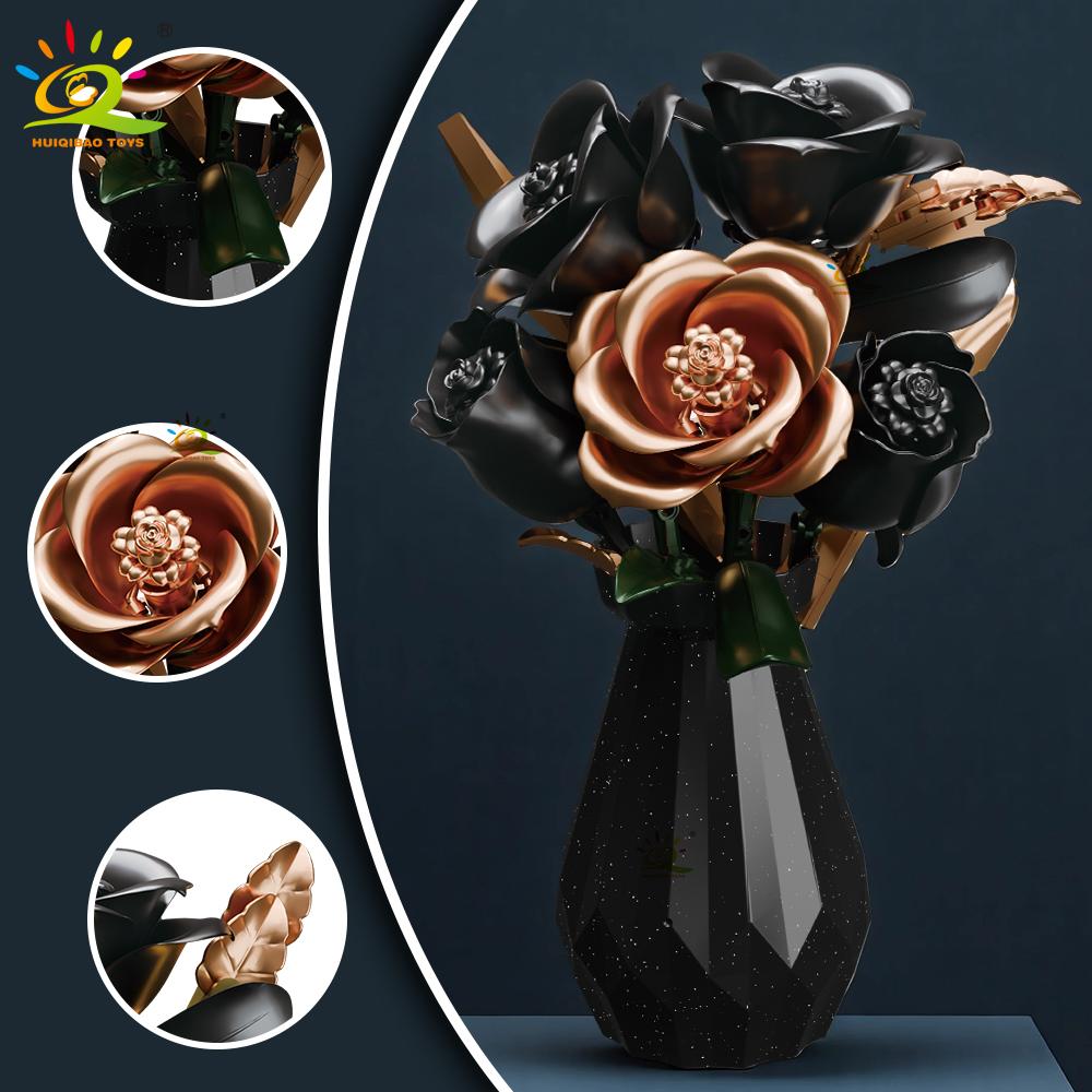 Schwarz Weiß Rose Tulpe MOC Blumenmodell Bausteine 3D Blumenstrauß Steine Spielzeug Heimdeko Valentinstagsgeschenk für Mädchen