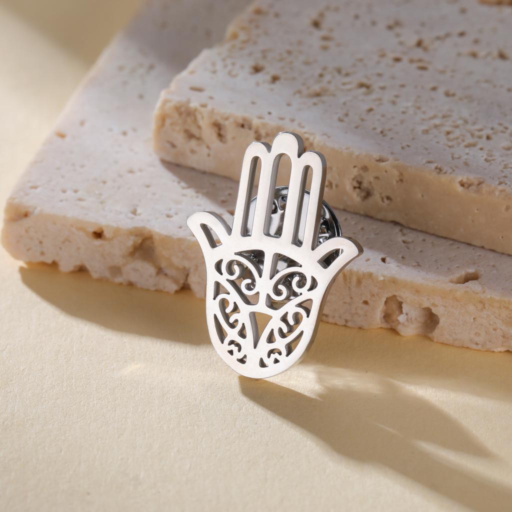 Trend Hollow Hamsa Fatima Hand Metal Pins Stainless Steel Brooch Women Men Suit Backpack Badge Accessories Lucky Jewelry Gifts