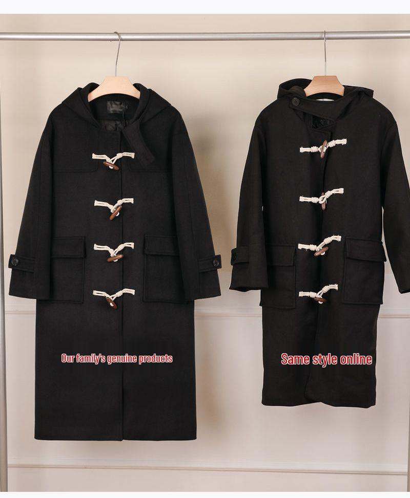 Women's Black Fleece-Lined Wool Coat with Horn Buttons - Korean Style, Petite, Mid-Length