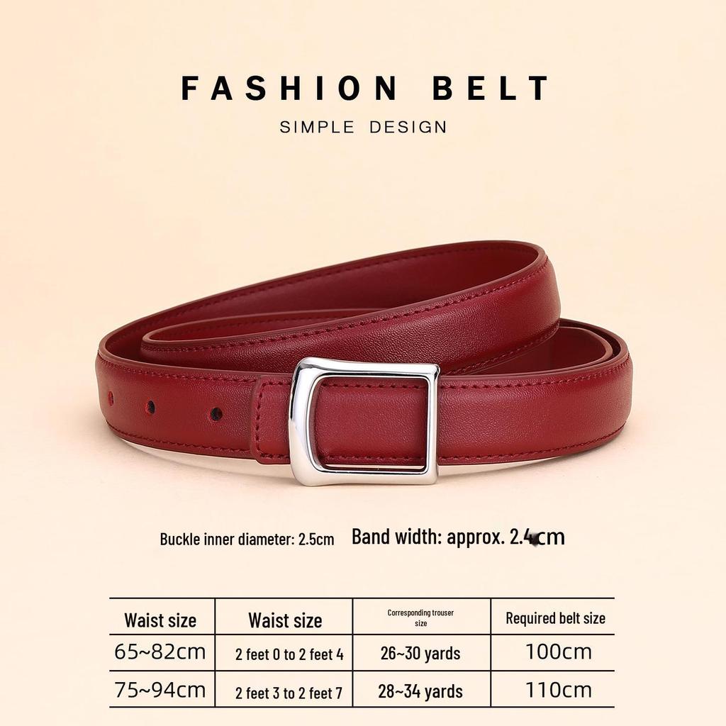 Women's Red Cowhide Leather Belt with Square Buckle - Trendy Decorative Waist Cincher