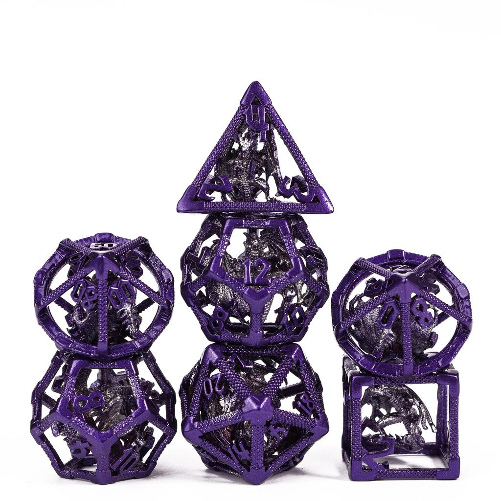 Cusdie Dračí duté kovové DND kostky 7 ks D4-D20 Polyedrická sada kostek se železnou krabičkou pro RPG hru Pathfinder Stolní hry