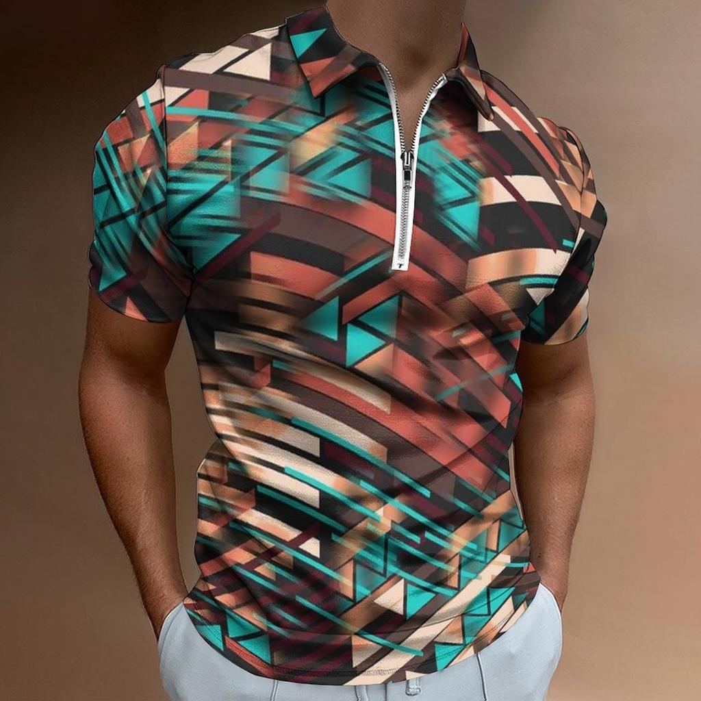 Trendy Geometric Print Short-sleeve Zip Polo, Stylish Casual Men's Top.