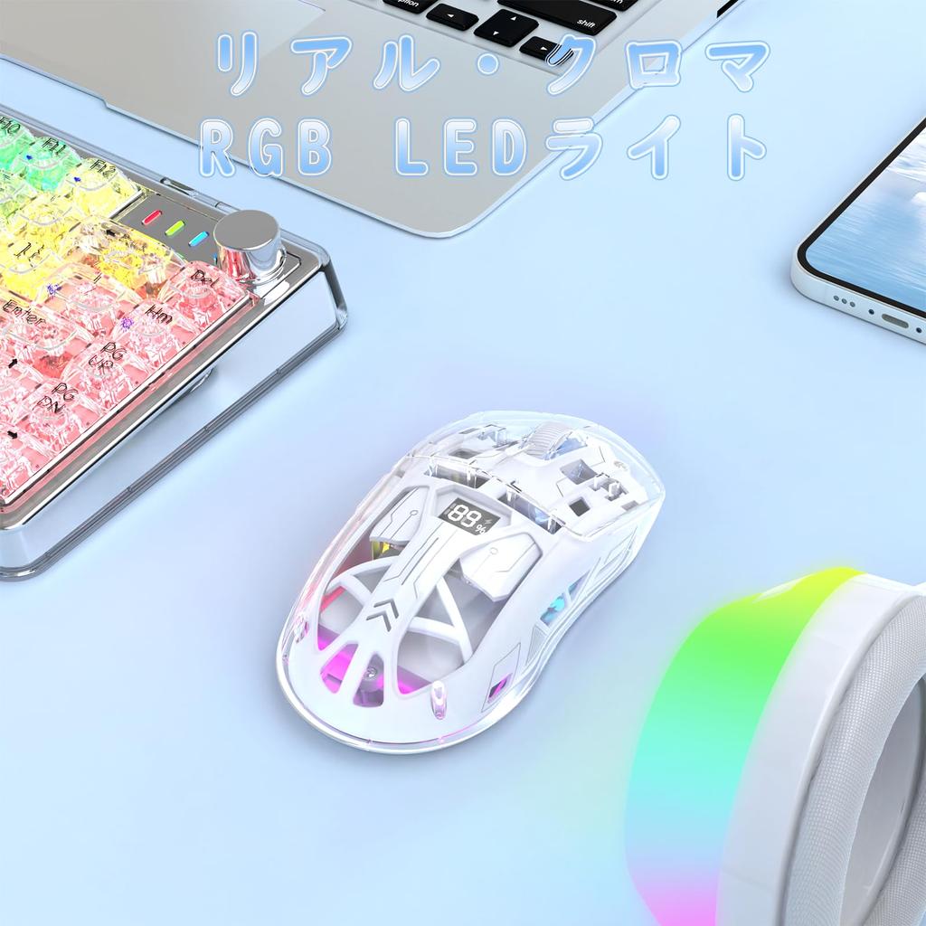 FREEWOLF Gaming Mouse A2 Transparent RGB Wireless Gaming Mouse with Transparent Digital 400mAh Adjustable Battery White, 2.4G/BT Connection, Case,
