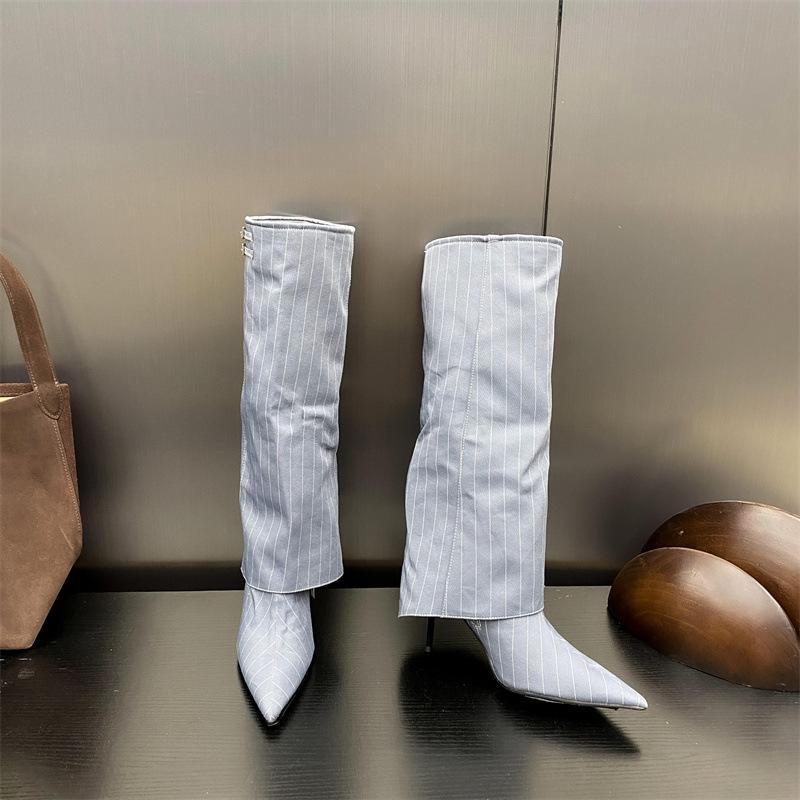 Fashion IPPEUM Women Knee High Boots Thin Heel Denim Point Toe Winter Retro Shoes Botas Mujer