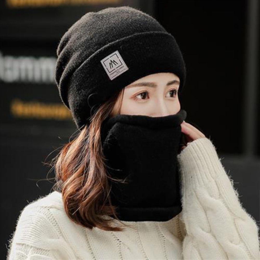 Thicken Plus Velvet Scarf Warm Knit Hat Cold-proof Neck Cover Solid Color Beanies Caps  Mens Womens