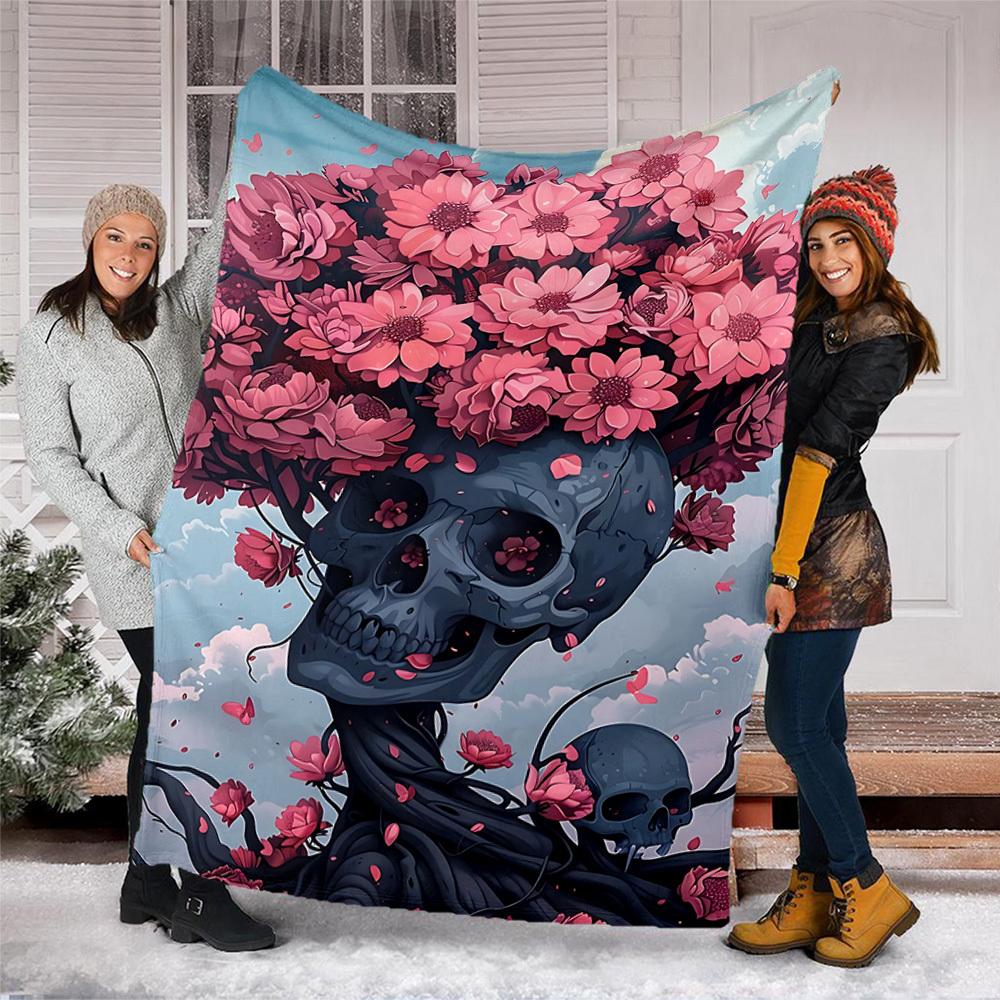 1pc Floral Skull Artwork Print Outdoor Blanket, Lightweight Polyester,